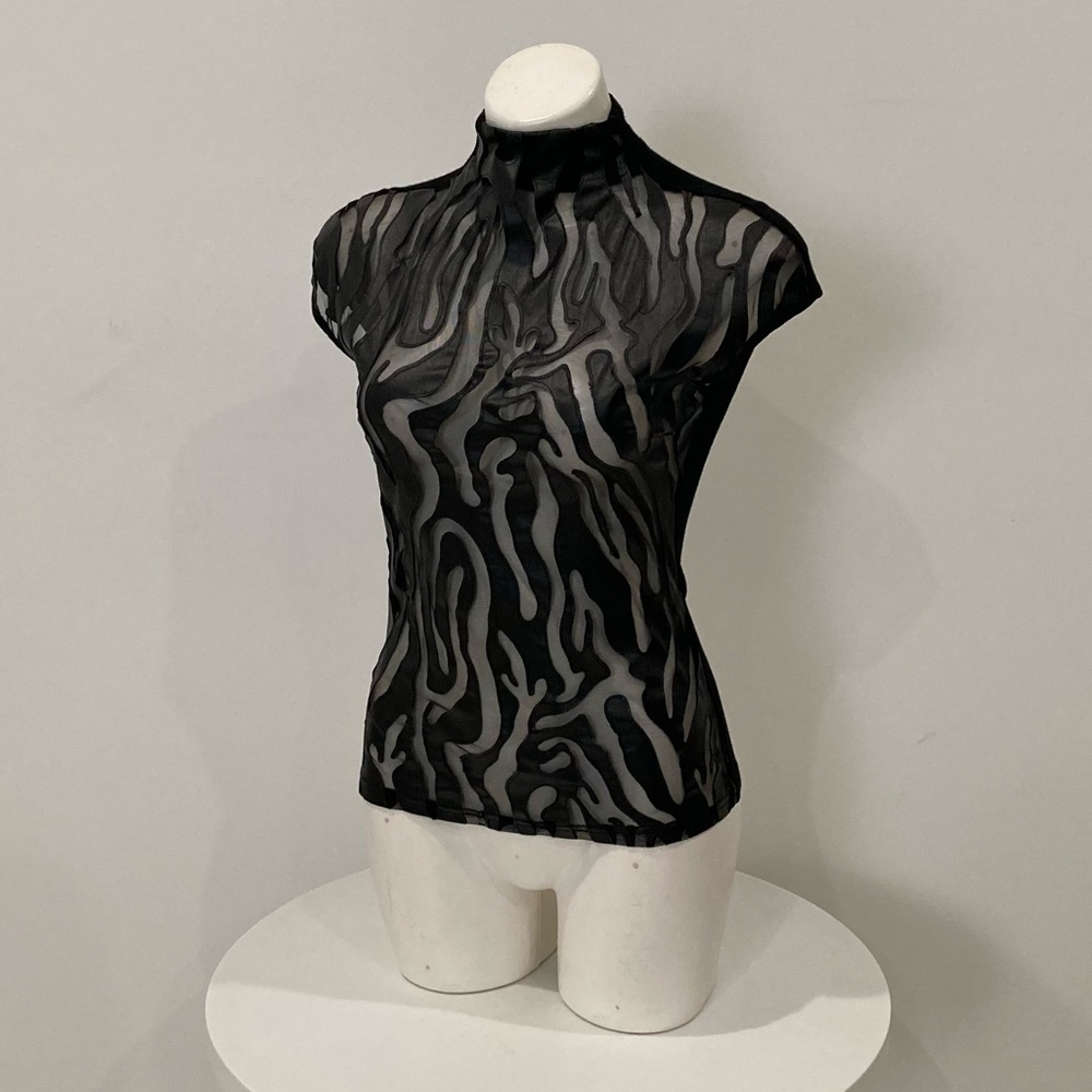 GRACIA Faux Black Leather Leopard Sheer Pattern Cap Sleeve Mock Neck Top Small